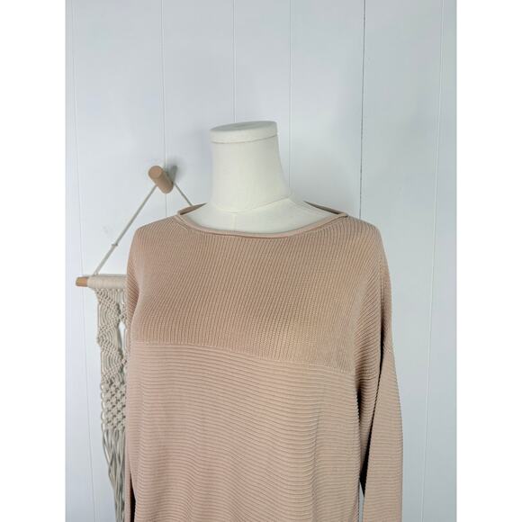 Eileen Fisher Tencel Rolled Neck Sweater Size Small Tan Beige Rib Knit Contrast - Picture 2 of 8